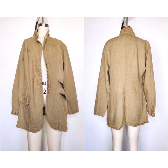 Green Sage Linen Jacket Blazer by Sue Wong -Green Linen Duster - Made in USA S M - Picture 5 of 10